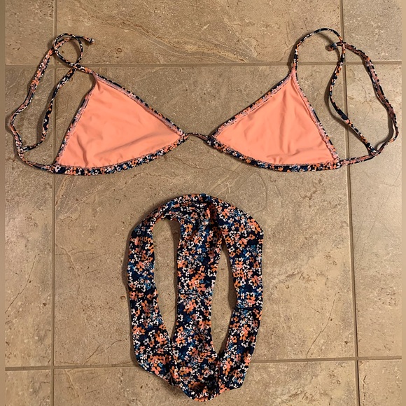 Shein Blue Orange Floral String Triangle Top Cheeky Bikini Set - Size Medium - Picture 2 of 8